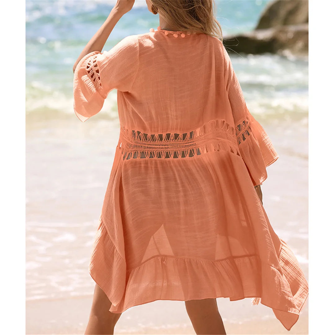 Cover-ups Beach Dress Beachwear Female Women Beach Wear V Neck Half Sleeve Splicing Crochet Knitted Tunic Beach Cover Up V7660