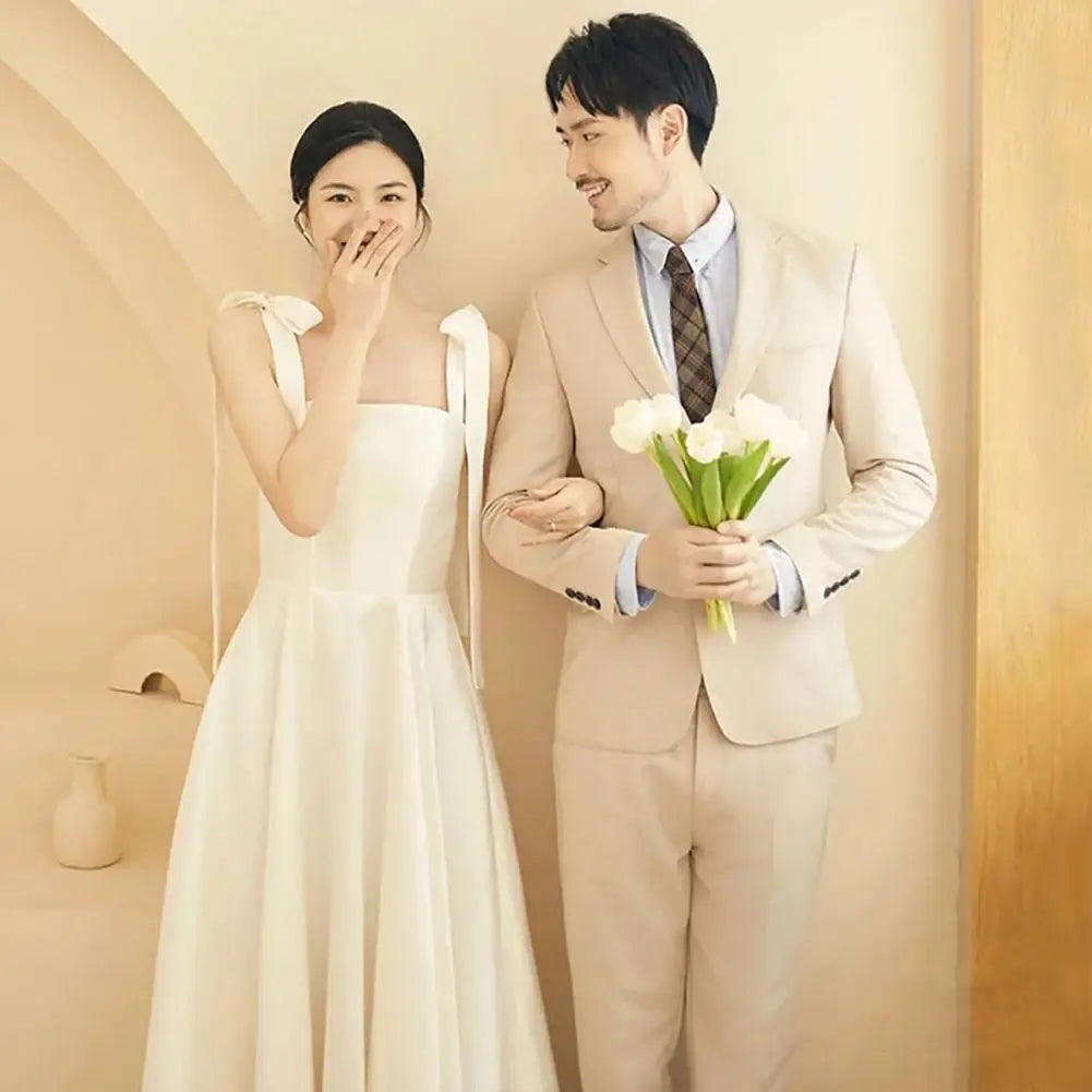 Square Neck Dress Elegant Satin Lace-up Wedding Dress with Bow Detail Square Neckline A-line Silhouette for Filming for Women