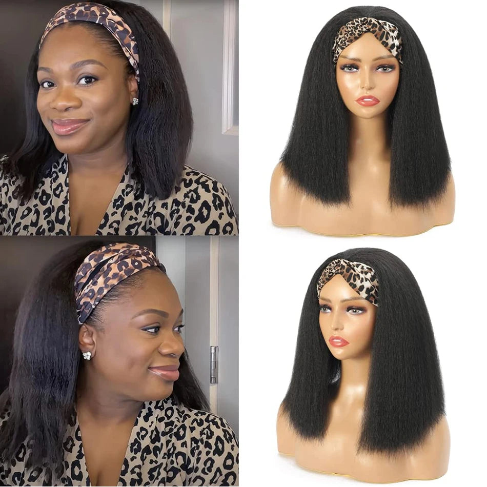 Kinky Straight Short Bob Headband Wig For Women Brazilian Remy 100% Human Hair 250% Cheap Full Machine Made Headband Half Wig