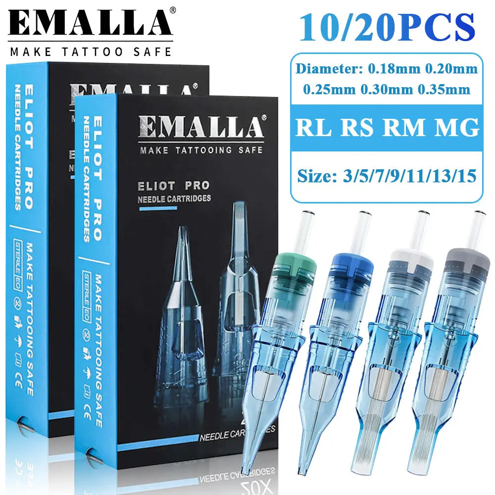 20/10PCS EMALLA Eliot Pro Tattoo Cartridge Needles Safety Sterilize Tattoo Needles Permanent Make-Up Tool for Cartridge Machine