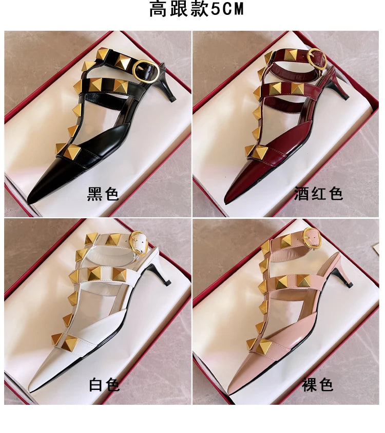 Women's Fashion Rivet High Heels 2023 Spring/Summer New Baotou Sandals Pointed Single Shoes