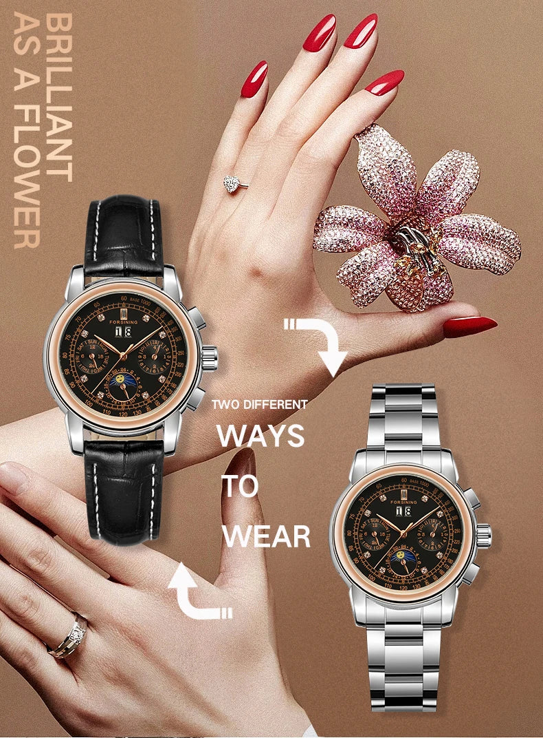 Forsining Fashion Ladies Stainless Steel Case Moon Phase Mechanical Watch Women's Multifunctional Diamond Dial Automatic Clock