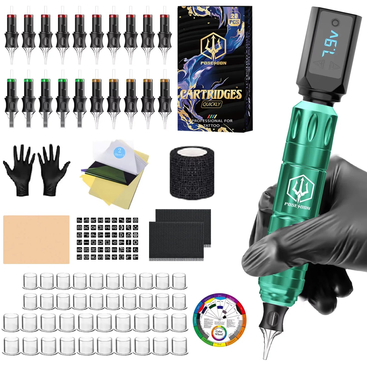 Tattoo Kit POSEIDON V5 Green Tattoo Pen Kit For Permanent Makeup Tattoo Machine Kit Wireless Tattoo Power Supply Tattoo Gun Kit