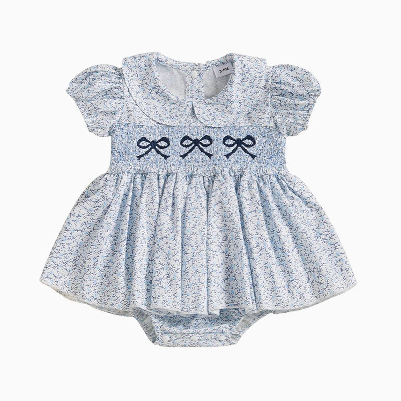 Baby Girls Summer Romper Dress Short Sleeve Bow Embroidery Floral Print Sweet Romper Baby Clothing