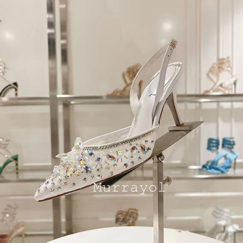 Pointed Toe Lace Gauze Thin High Heels Sandals Women Shine Rhinestone Decor Sandalias Summer Party Dress Wedding Shoes Pumps