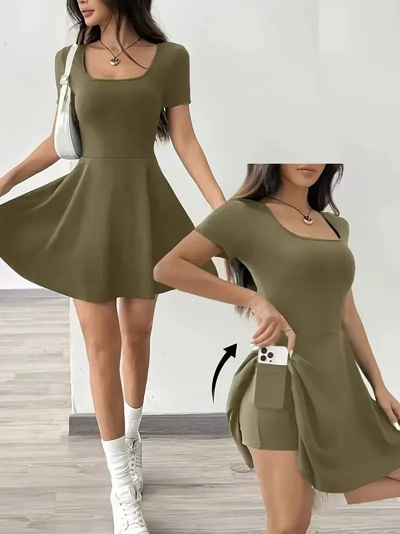 Summer 2025 Brown Knitted Short Casual Dress Mini Skirt Length Polyester Fiber Square Collar Empire Waistline Regular Sleeve