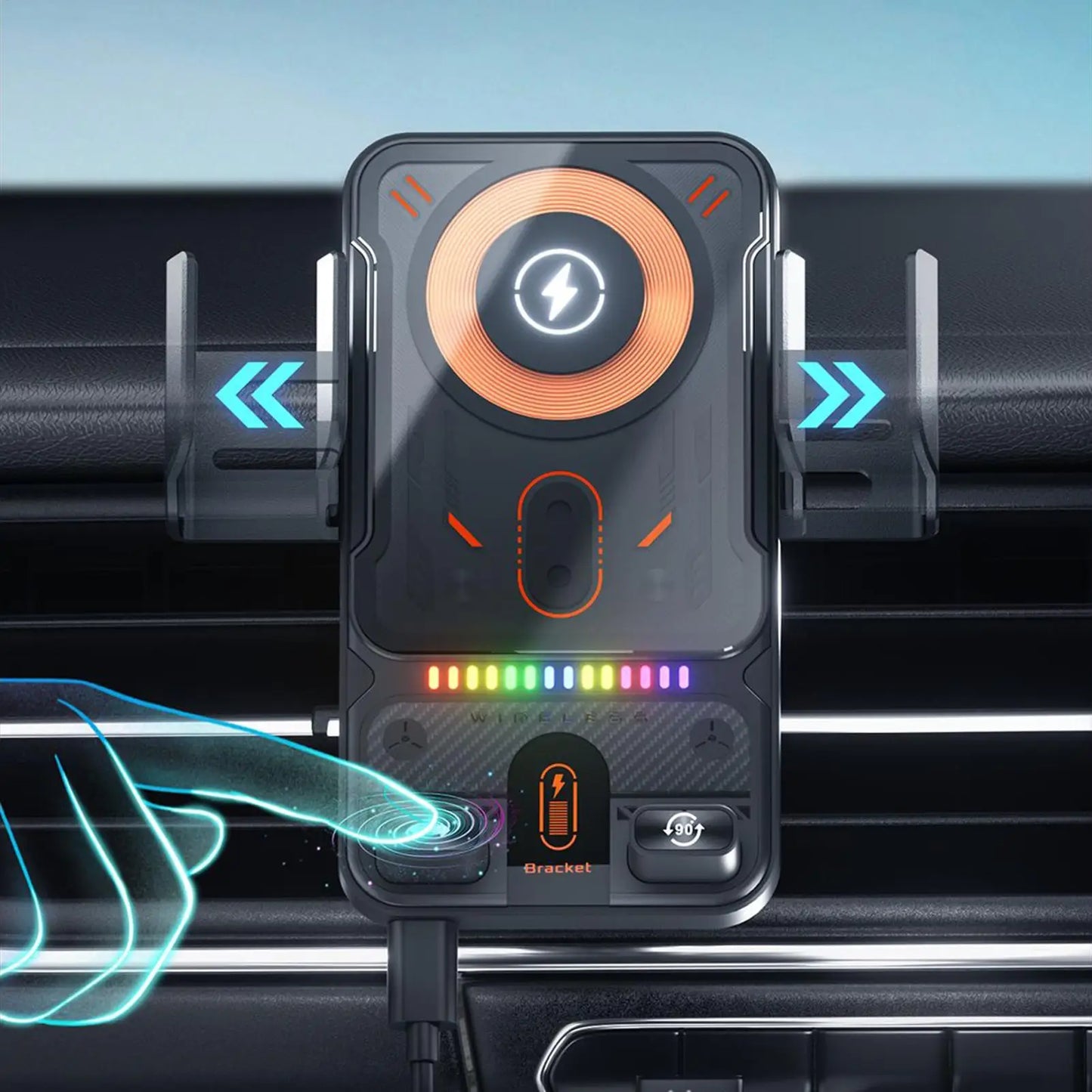 Car Holder With Dualed Motor Electric Rotating Opening Closing Mobile Phone Holder Wireless Fast Charging Phone Bracket