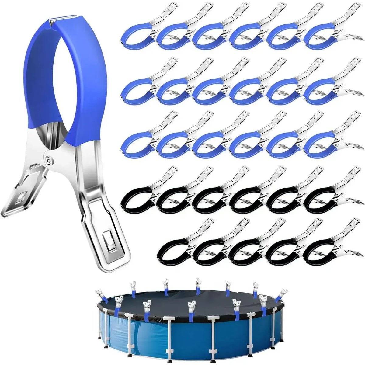 12/6pcs Durable Stainless Steel Pool Cover Clips with Blue/Black Plastic Handle - Suitable for Ground Pool Covers