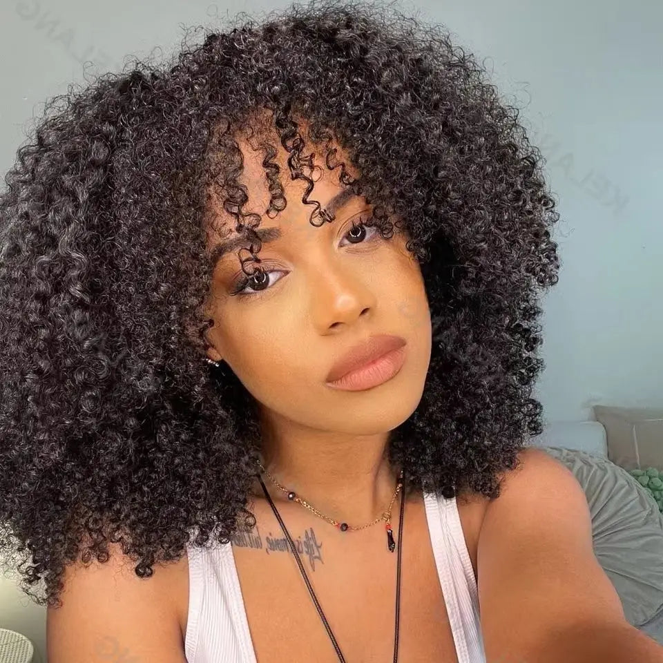Mongolian Afro Kinky Curly Human Hair Wig Bob With Bangs For Black Women 180% 250% Density Brazilian Remy Full Machine Made Hair