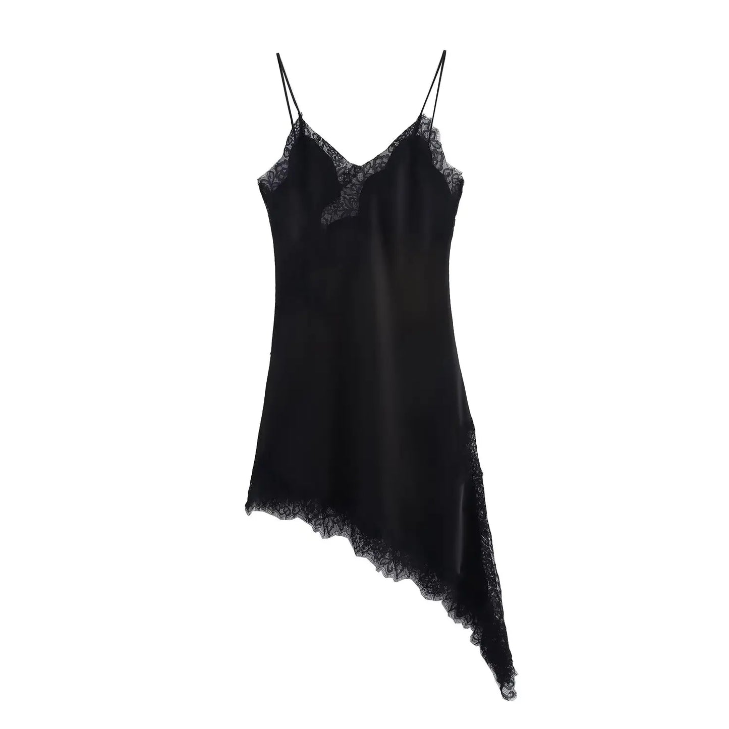 Women Satin Sexy Lace Spliced Sling Dress Sleeveless Backless Asymmetric Split Street Party Dresses 2025 Newest Lady Dress