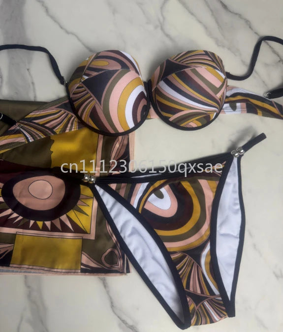 Luxury Design Women's Brown Headband Scarf Swimsuits with Letter Signature Logo Classic Brand Headband Bikini Sets Beachwear