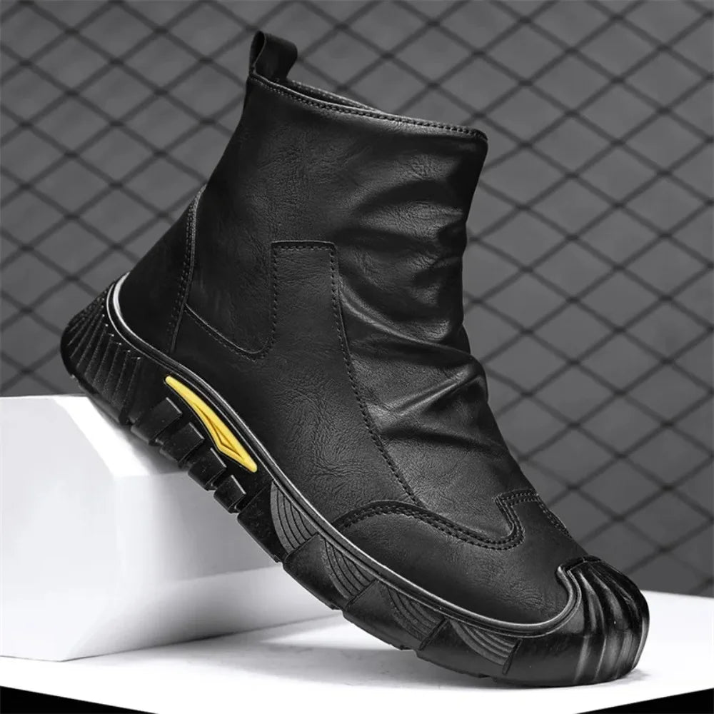 Fipatbu Unisex wool-lined barefoot leather boots with a solid color and a wide-toe design