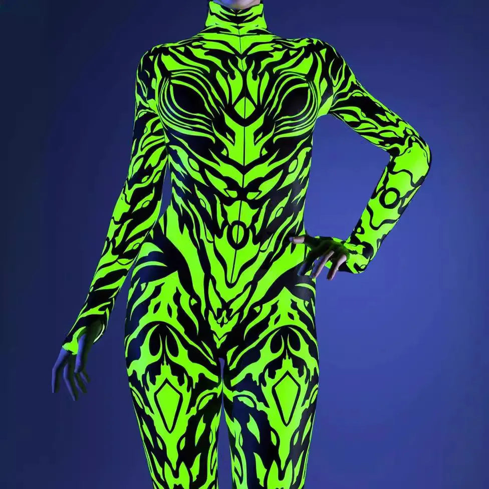 Halloween Costumes for Women 3D Abstract Print Full Body Jumpsuit Sexy Skinny High Neck Zentai Suit for Carnival Cosplay