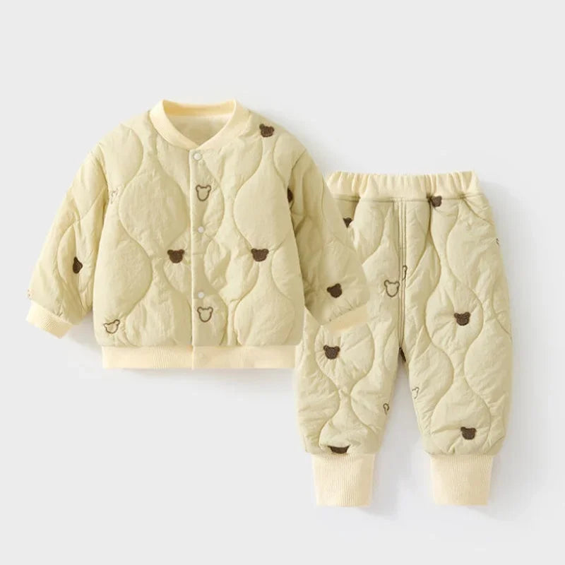 Winter Toddler Two Piece Set Cute Bear Embroidery Warm Jacket Pants Homewear Unisex Baby Boys Girls Sleepwear