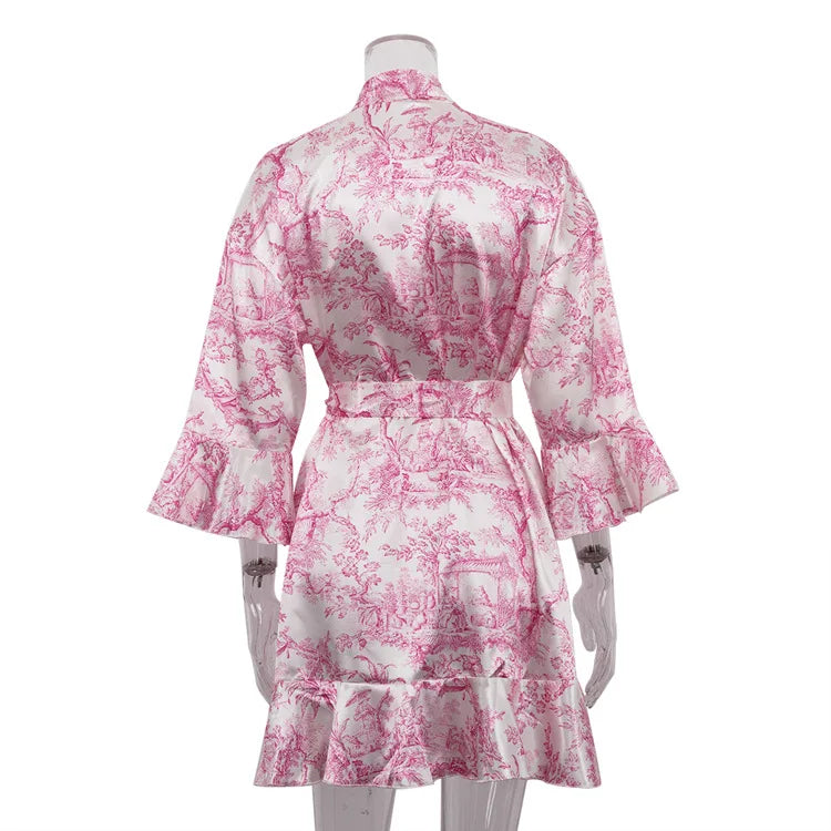 Tossy Ruffled Printed Lace-Up MIni Dress Women V-Neck Patchwork Contrast Fashion Elegant Bandage Party Dress Female Summer Dress