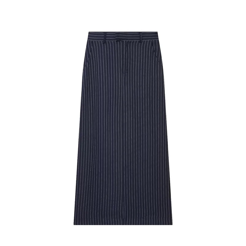 Women's A-line Skirt 2026 Summer New Style Navy Blue Striped High-Waist Slit Decorative Straight Long Skirt Elegant and Stylish