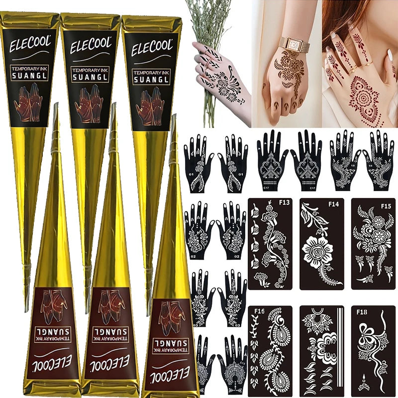 SUANGL Temporary Henna Tattoo Kit 3 Colors Black Brown Red with Stencils for Beginners Professionals Party Gift Set