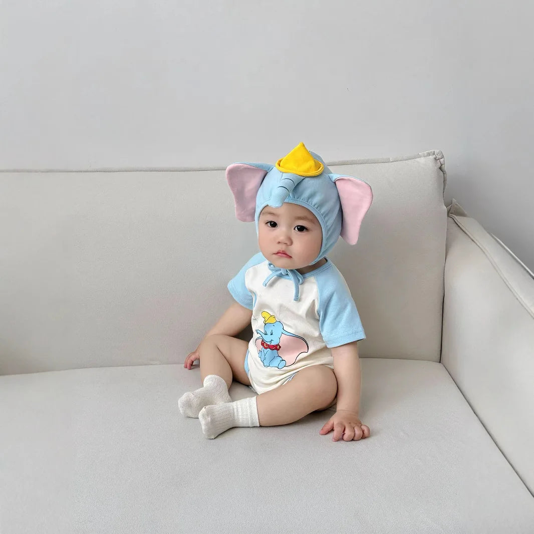 3D Elephant Print Baby Onesie with Hat Set Short Sleeve Romper Bodysuit Outfit Newborn Infant Summer Outfit Cute Animal Costume