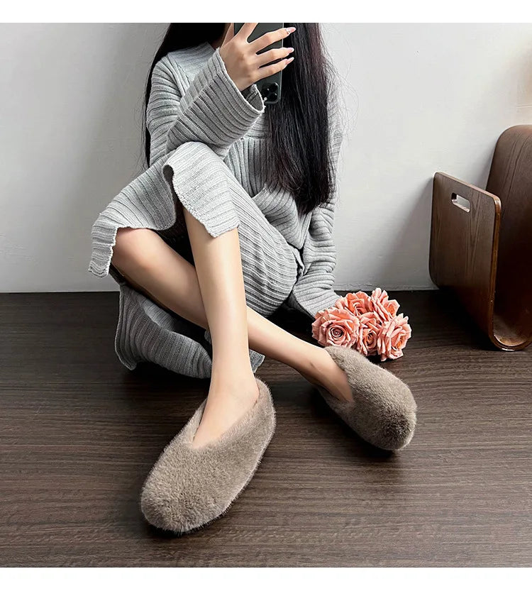 Women's Shoes 2025 New Style Warm Mink Wool Fleece Soft-soled Bean Shoes, Plus-size Women's Shoes43 Mom Shoes Luxury Shoes Women