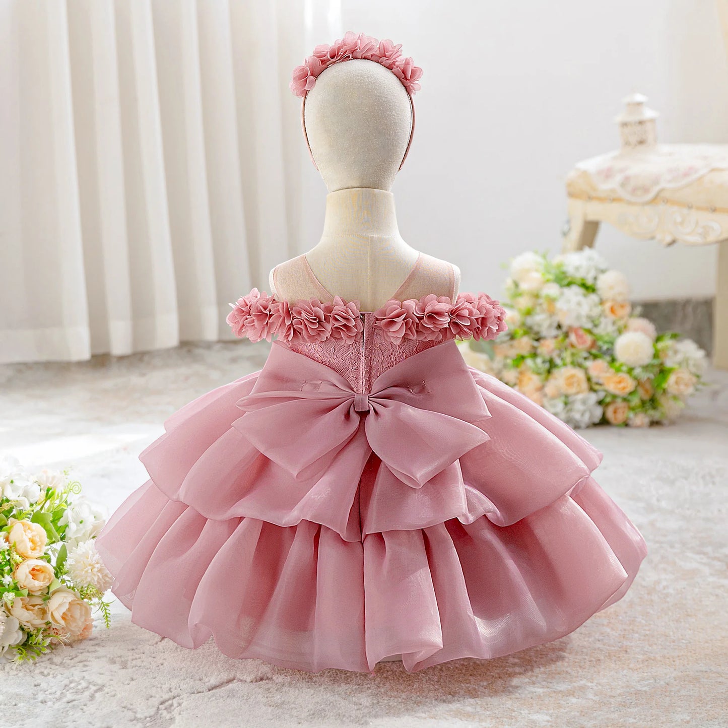 Elegant Flower Bridesmaids Party Baby Girls Dress Toddler 1st Birthday Wedding Princess Dress for Girl Bow Christening Prom Gown