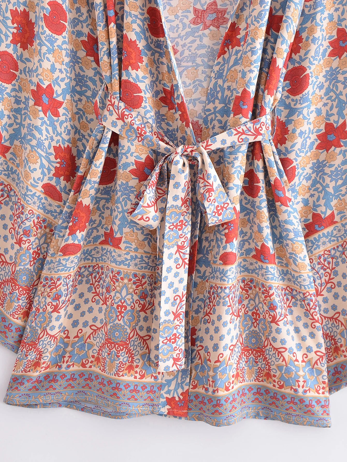 BOHO Women Blue With Pink Flower Print Kimono Shirt Holiday Tide Bow Sashes Mid Long Cardigan Summer Blouse Beach Cape