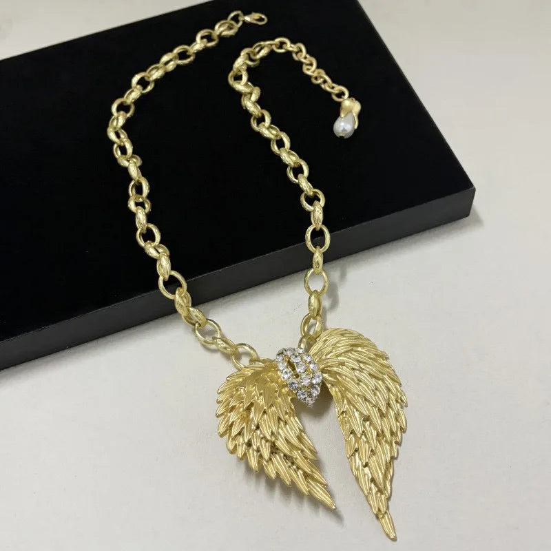 Luxury Gold Angel Wing Choker Necklace Vintage Crystal Inlaid Statement Collar for Women Wedding Evening Party