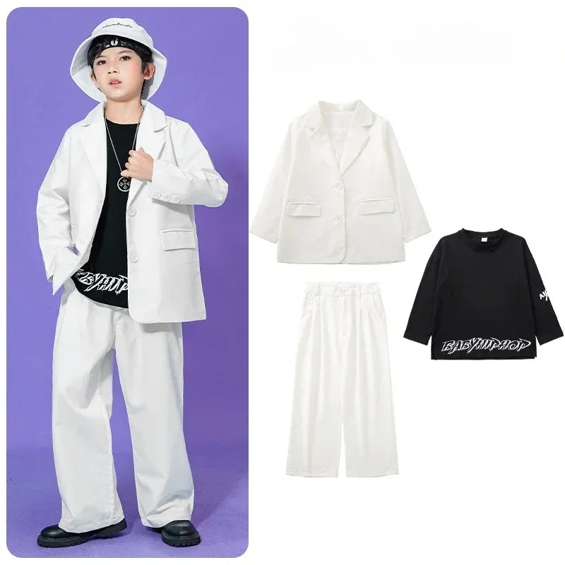 Kids Hip Hop Dance Costume Boys Girls Blazer Pants Set Streetwear Outfit for Stage Performance Competition Jazz Dance Photoshoot