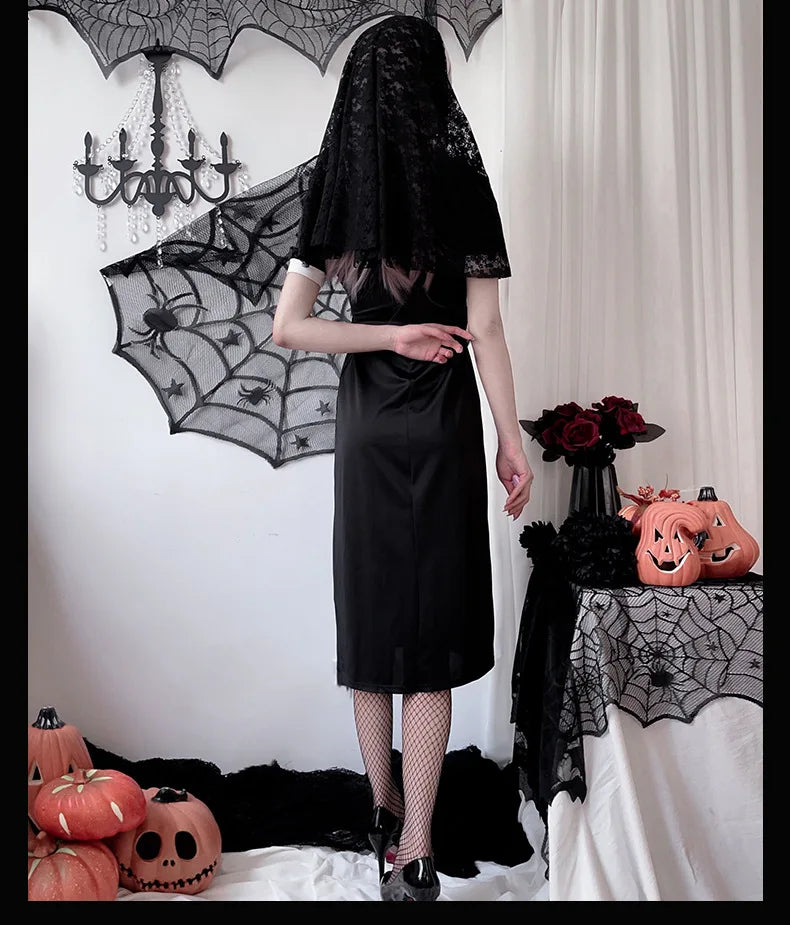 [You're My Secret] 2026 Halloween Cosplay Costumes Women's Vampire Costume Gothic Nun's Clothing Sexy Lace Slim Fit Black Dress