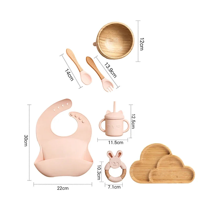 7pcs Silicone Baby Feeding Set Baby Feeding Supplies Kids Bamboo Dinnerware With Cup Children's Dishes Bowl Stuff Tableware Gift