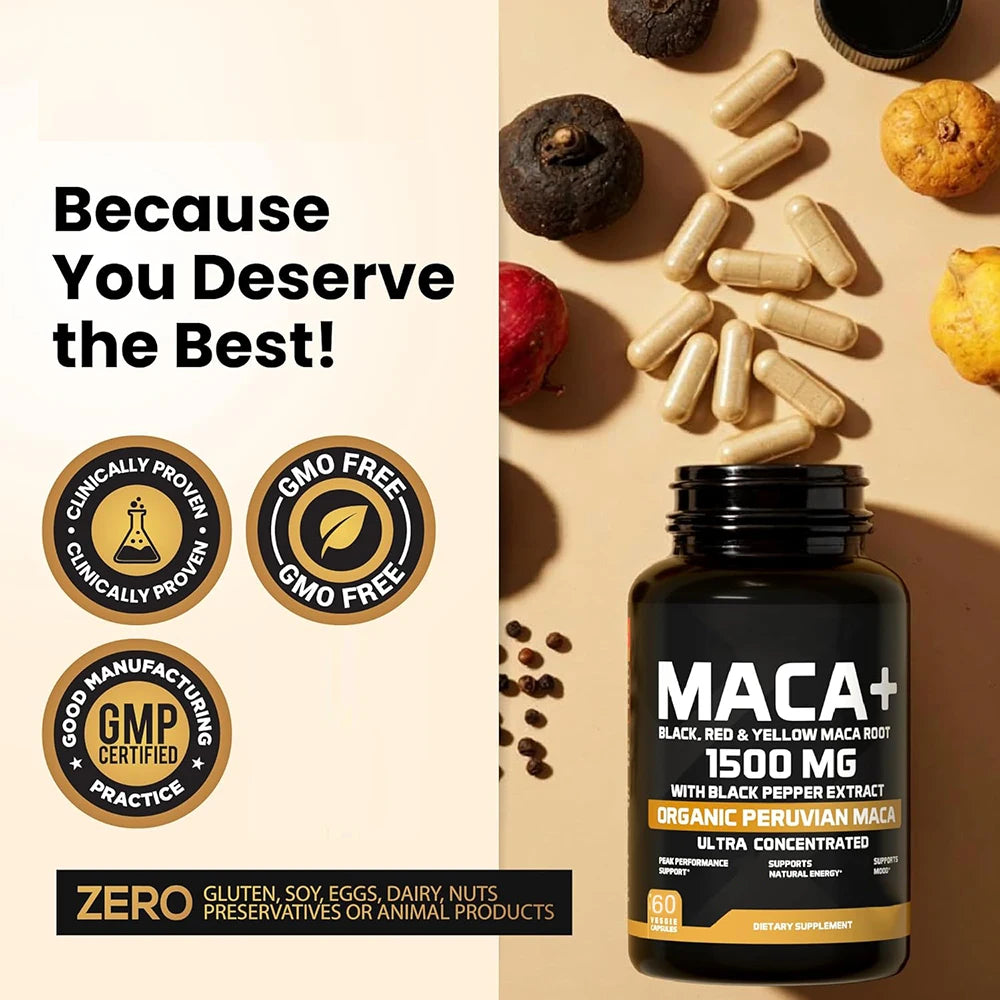 1500mg Organic Maca Root, Black, Red & Yellow - 60 Capsules - Black Maca Root Capsules for Men Supplement - Non-GMO, Gluten-Free