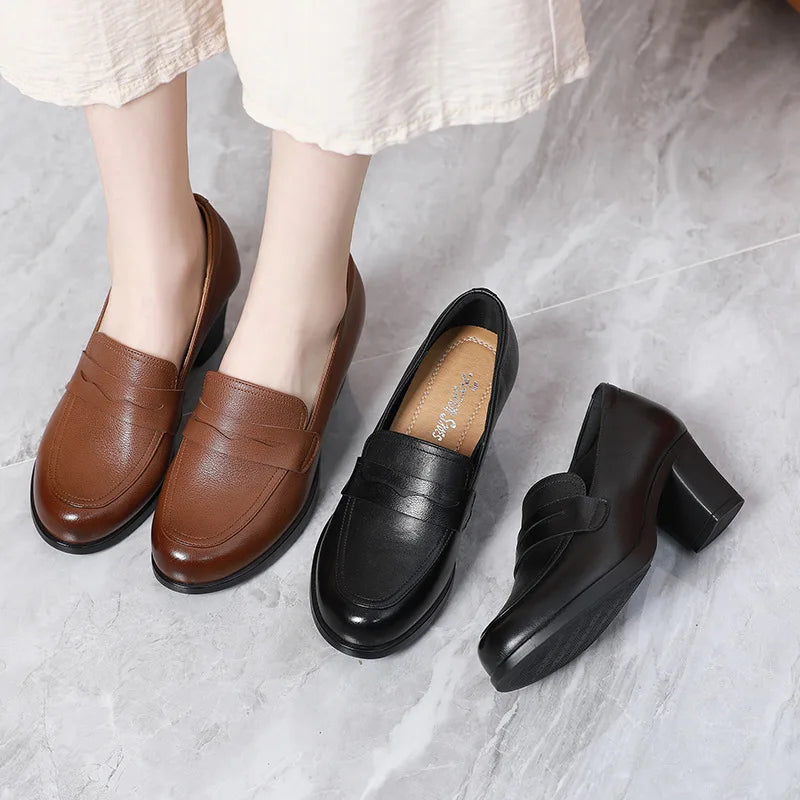 GKTINOO Pumps Women Genuine Cow Leather Round Toe Slip-On Loafers Med Heel Lady Shoes Handmade Women's Work Shoes
