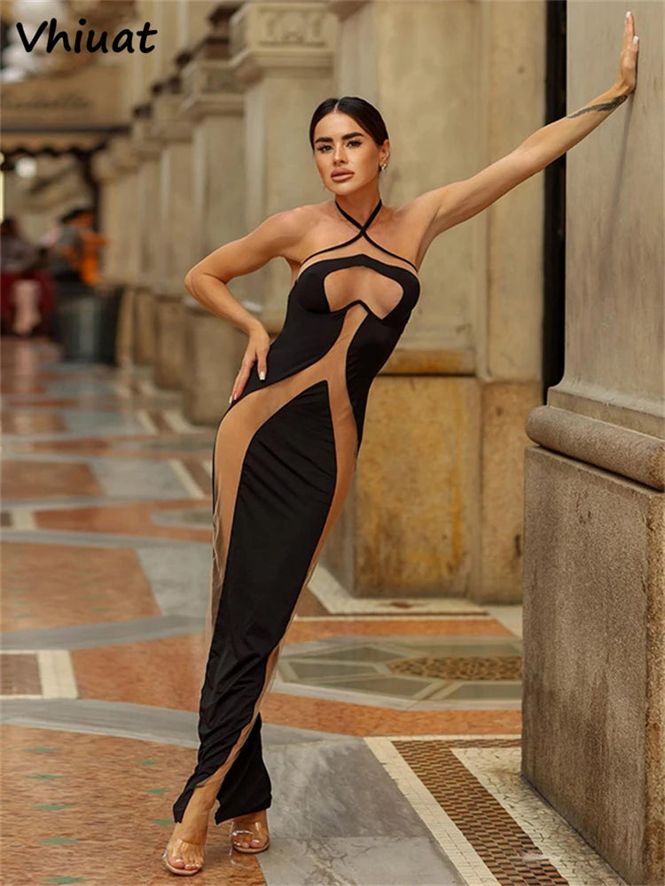 Vhiuat Hollow Out Sexy Women Striped Evening Party Maxi Dress Sleeveless Backless Halter Elegant Fashion Long Dresses Y2K 2024
