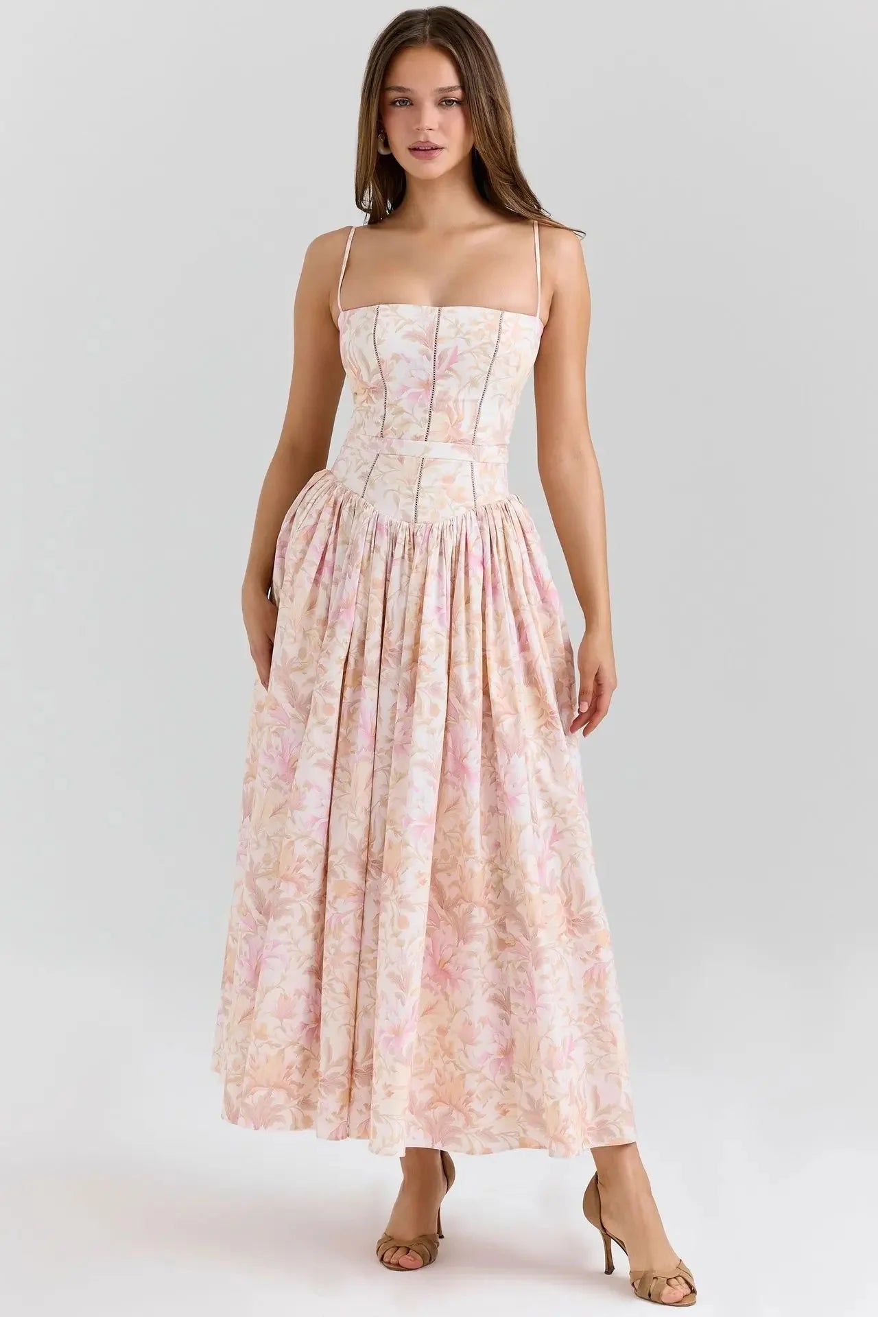 Elegant Fairylike French Style Gentle Floral Print Strapless Midi Dress Slimming Women's Fashion High End Feeling Dress