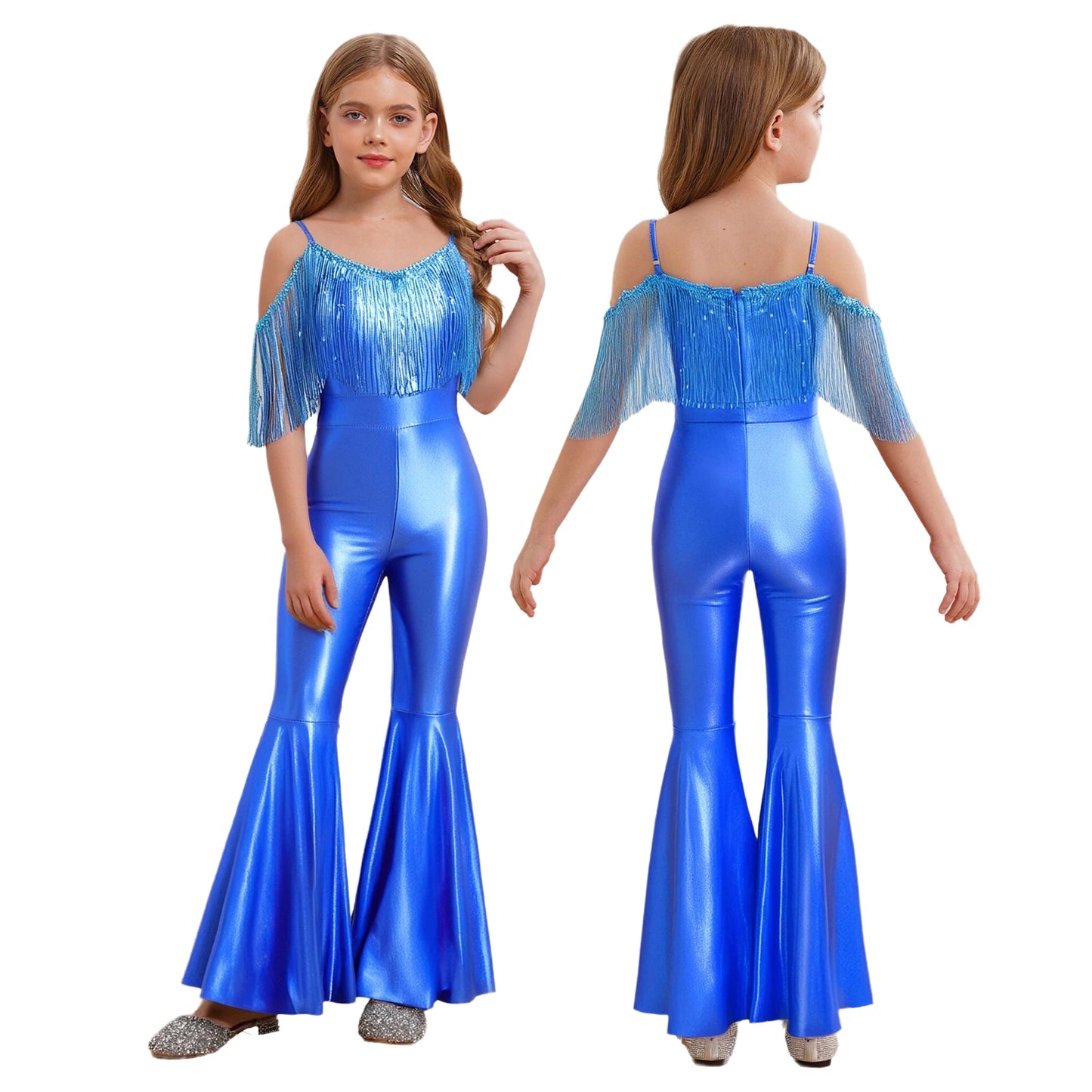 Halloween Kids Girls Hippie Costume Tassels Unitard Bell-bottom Long Pants Bodysuit Jumpsuit for Disco Dance 60s 70s Rave Party