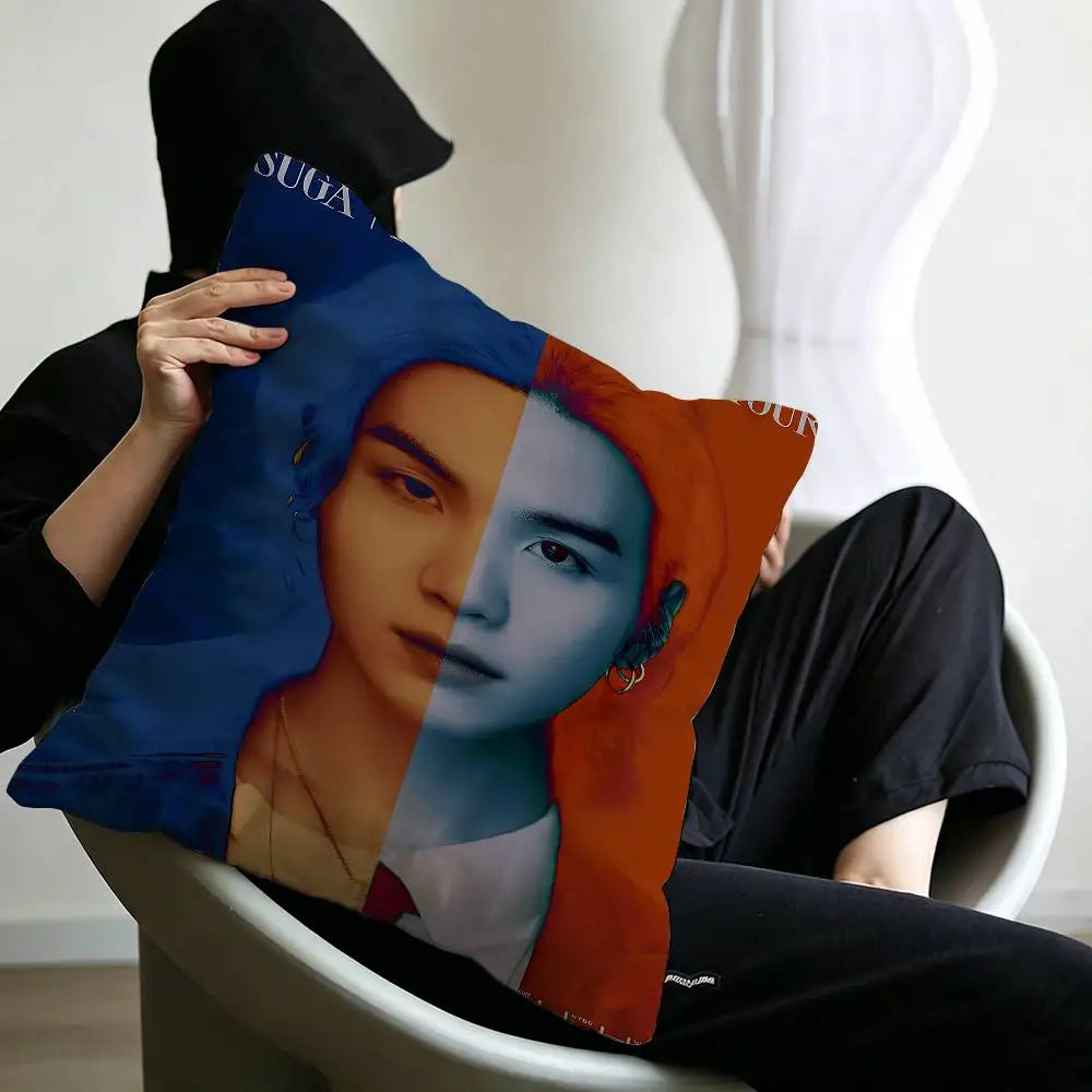 Kpop Singer S-Suga A-Agust D Office Cushion Pillowcase Car Cushion Cover45X45CM Lumbar Pillowcase Sofa Pillowcover