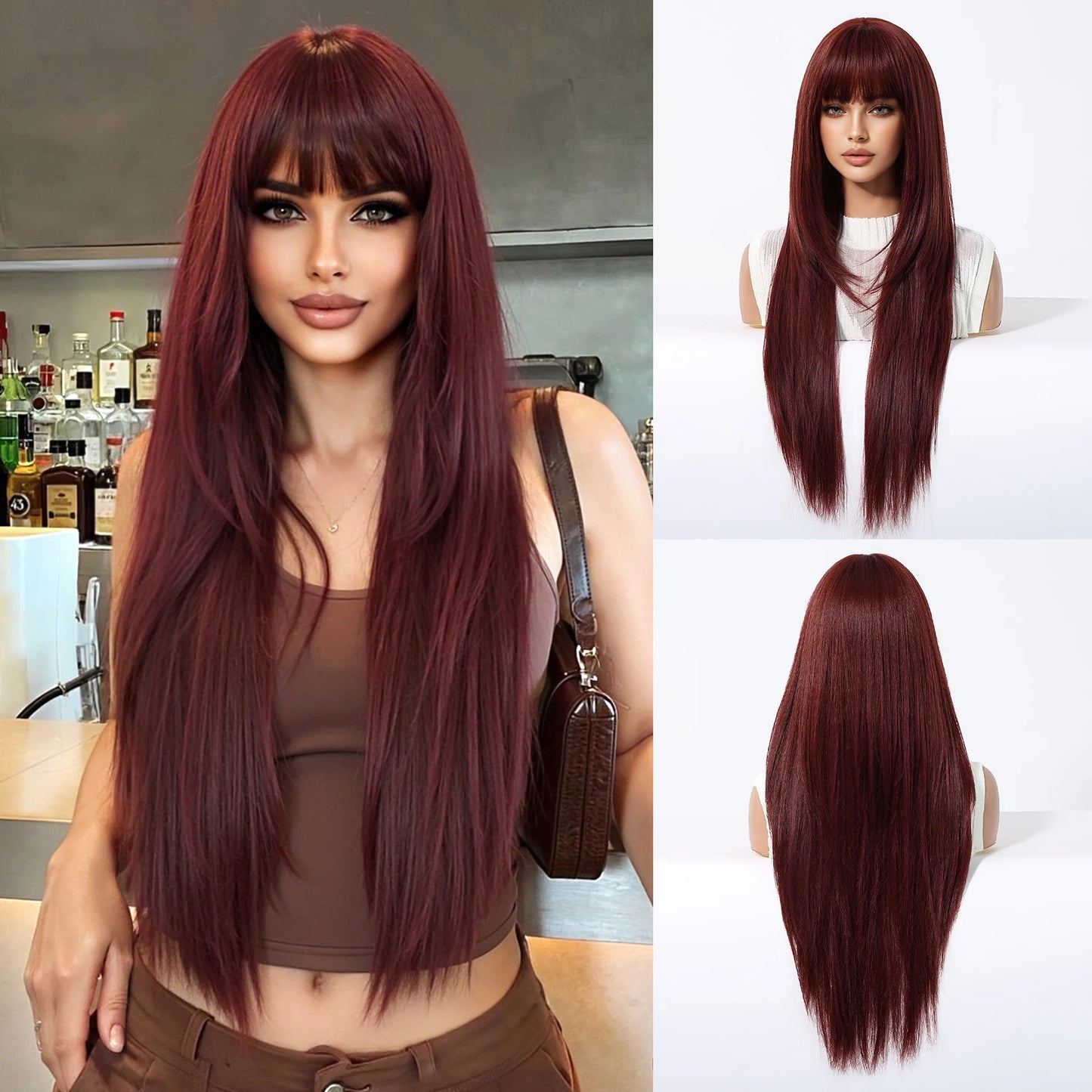 Burgundy Wine Red Ombre Layered Synthetic Wigs With Bangs Super Long Straight Wig For Women Cosplay Natural Daily Heat Resistant