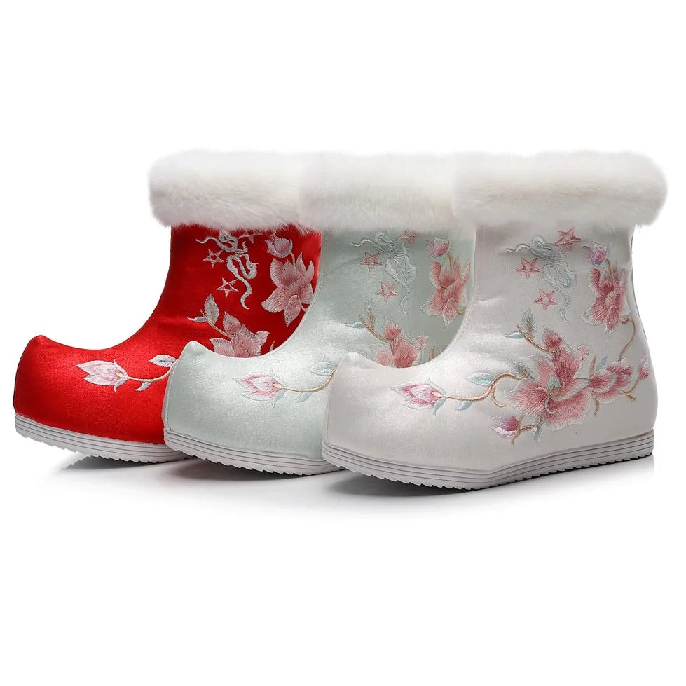 Winter Fashion Shoes Embroidered Fur Boots For Woman Bota Ancient Costume Botines Para Mujeres Hanfu Women's Boots Botas Mujer