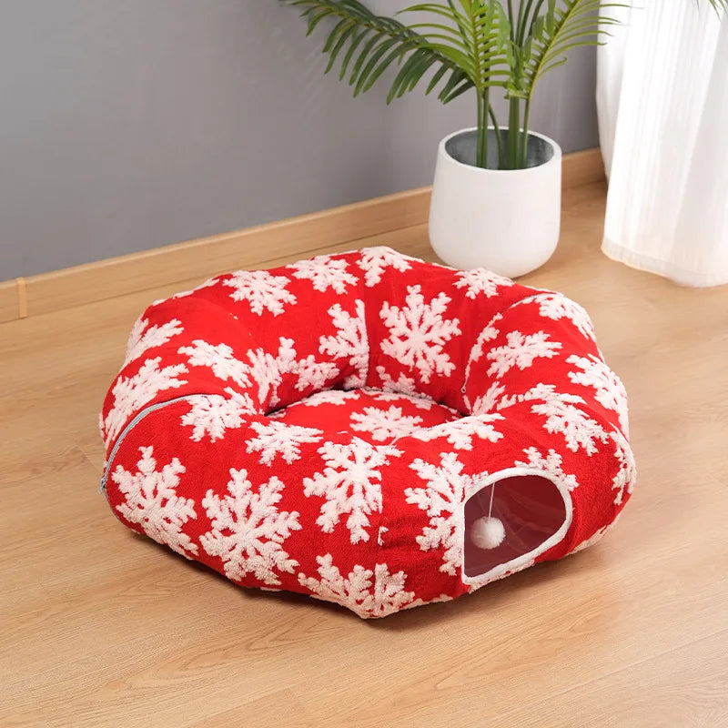 Round Donut Cat Beds Christmas House Soft Plush Pet Mat for Puppy Cushion for Cats To Hide 2 in 1 Tunnel Cats Sleeping Sofa Noel