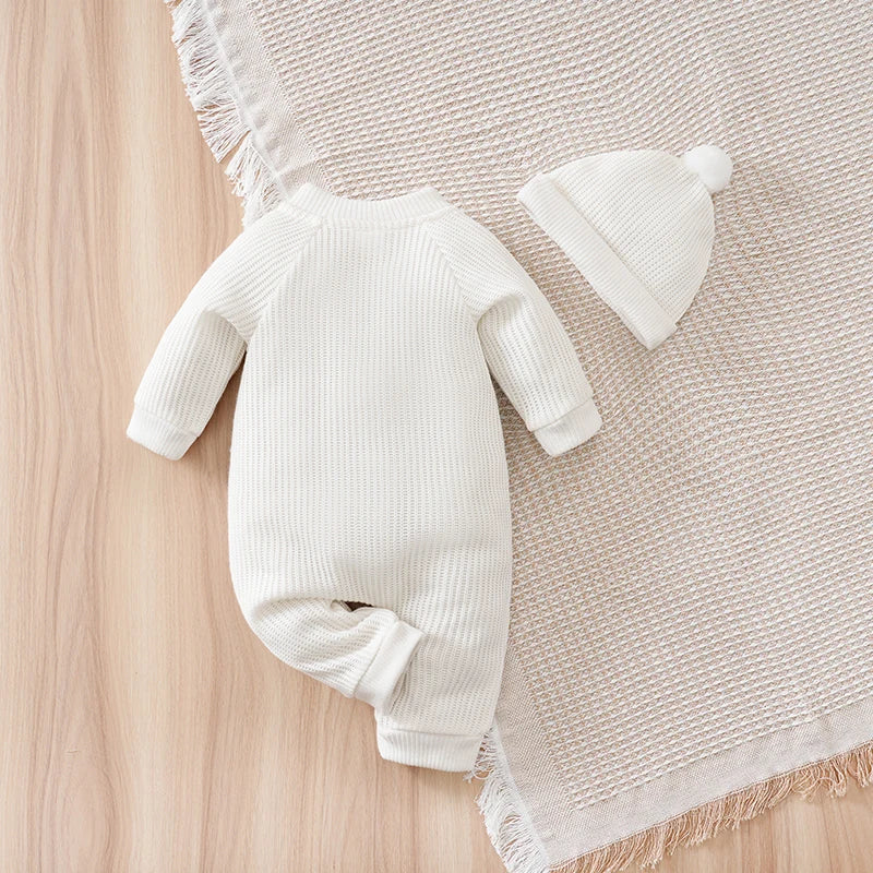 Spring and Autumn Knitted Newborn 2PCS Baby Onesie+Hats Minimalist Round Neck Button Comfortable Casual Raglan sleeve design