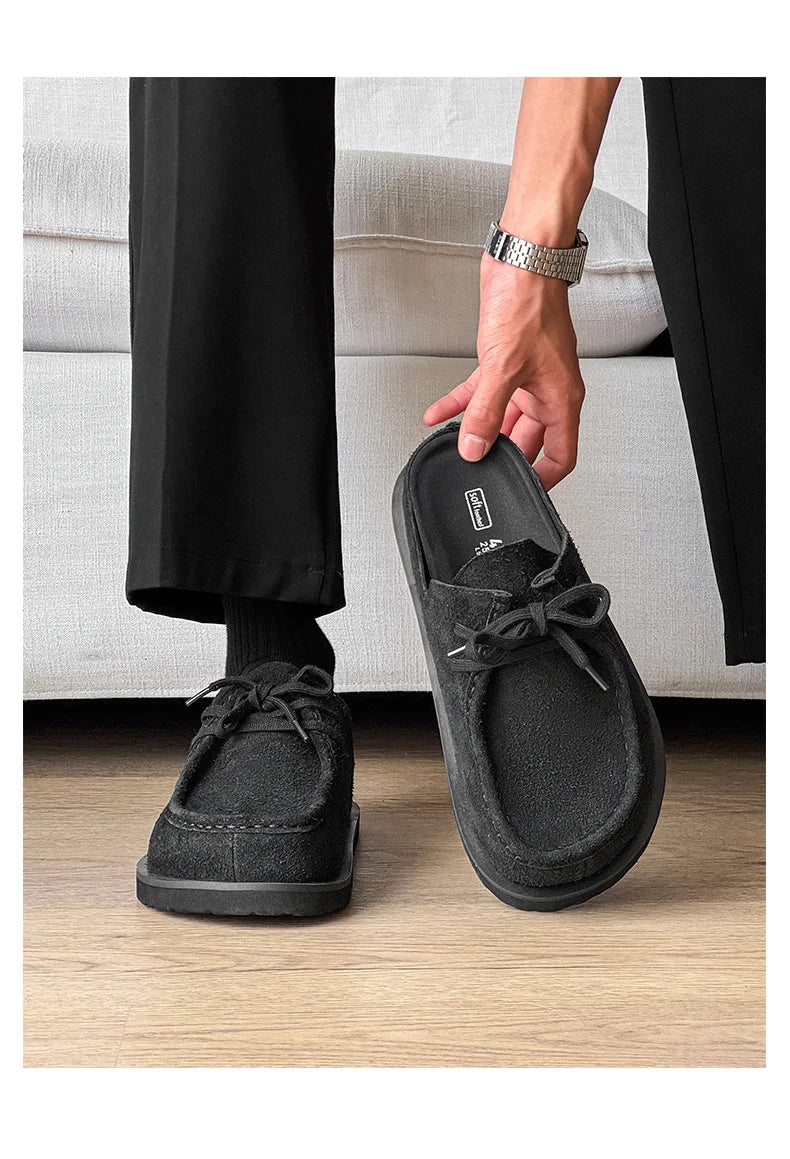 2025 Retro bag head lace-up leather one-pedal summer half slippers men and women couple cowhide shoes