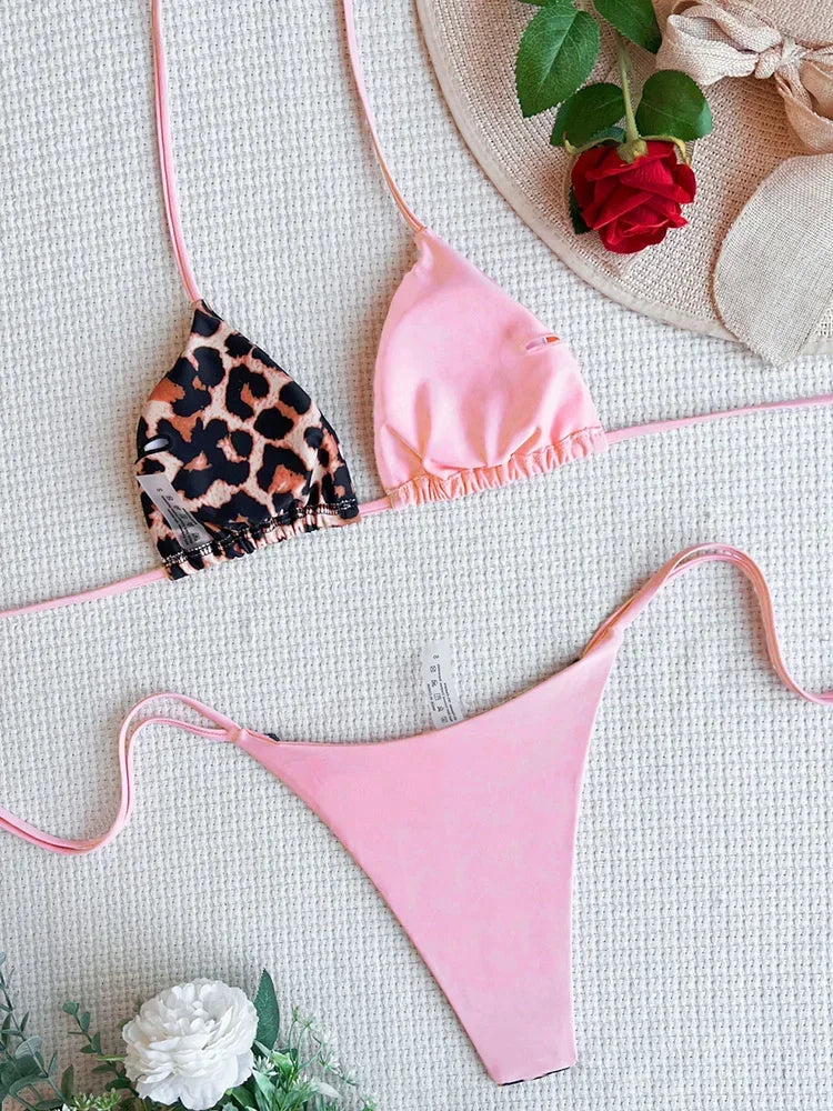 Halter Splicing Leopard Bikinis 2026 Satin Bikini Female Swimsuit Women Swimwear Two-pieces Bikini Set Micro Bathing Suit Swim
