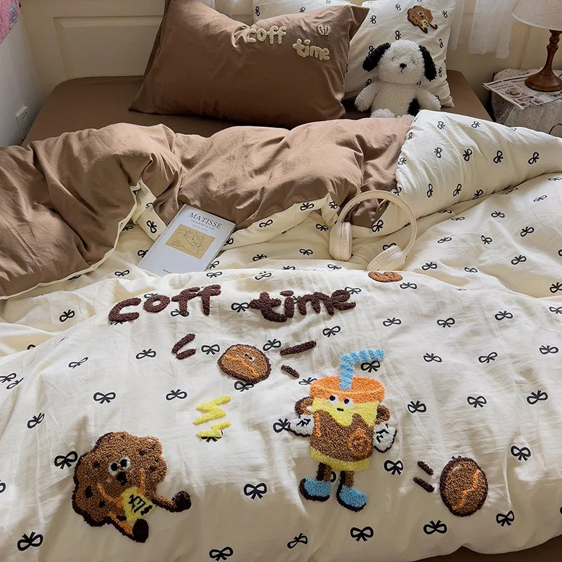 Cartoon Animal Embroidery Bedding Set For Adults Kids Cute Flat Fitted Sheet With Pillowcases Washed Cotton Colorful Full Size