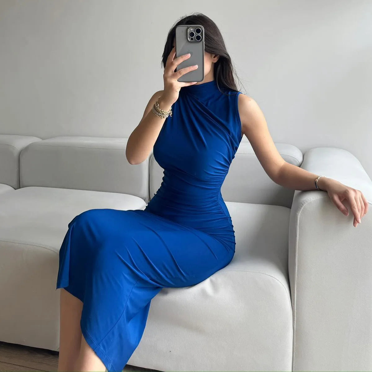YUZHEXI elegant sleeveless ruched midi dress women commuter bodycon solid color robe black red pink split clothes summer