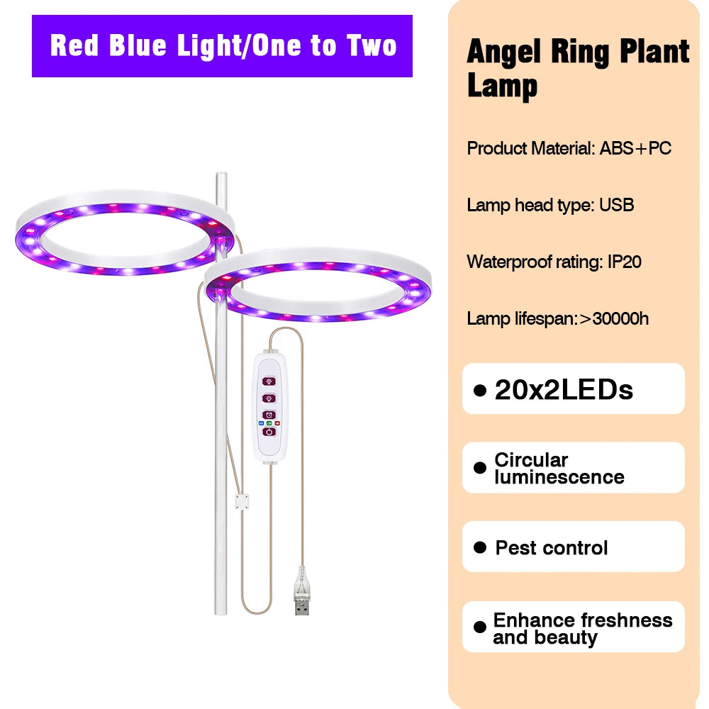 LED Grow Light Full Spectrum with UV IR Angel Ring Phytolamp DC5V USB for Indoor Grow Tent Planting