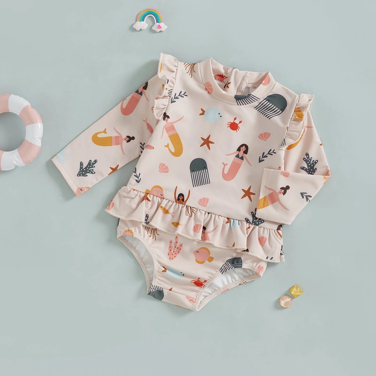 MISOWMNJOY Cute Baby Girls Long Sleeve Swimsuit Beachwear Ocean Elements Print Ruffle Toddler Infant Bathing Suit Swimwear