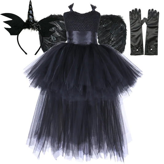 Dark Witch Halloween Costumes for Girls Black Devil Angel Fancy Trailing Dress with Feather Wings Bat Horns Kids High Low Outfit