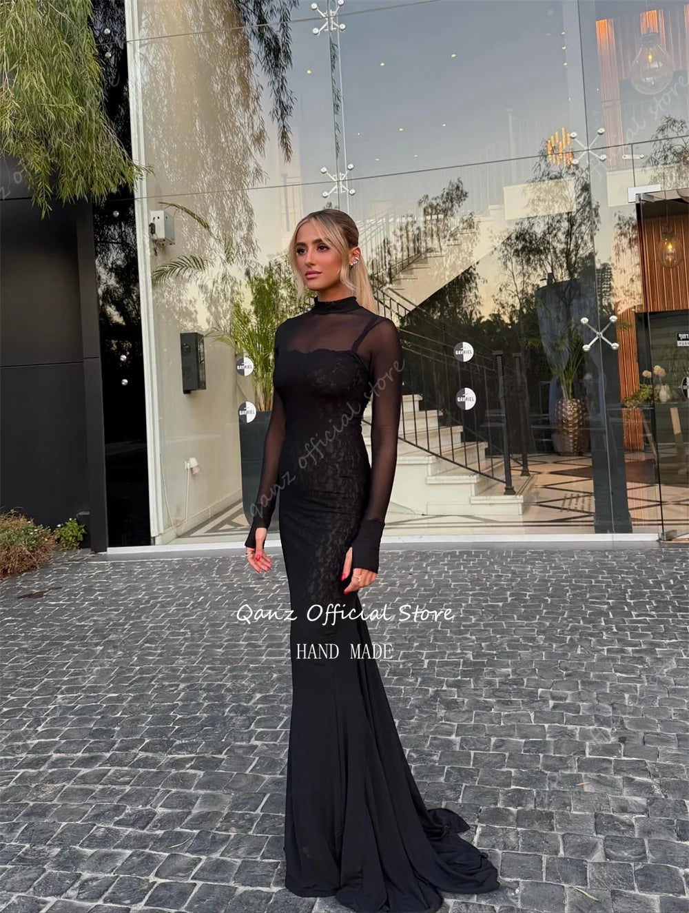 Qanz Modest Black Lace Evening Dresses Sheer Long Sleeves Prom Dress Mermaid Elegant Dresses For Special Event  Customized