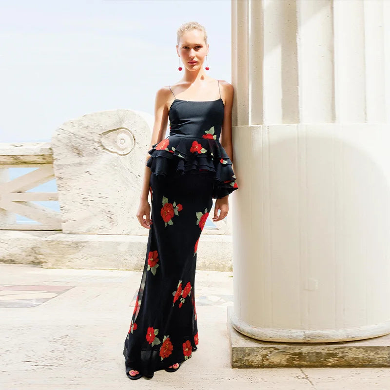Printed Layered Pleated Top Half Skirt Women Set Sleeveless Slim Top Straight Tube Fishtail Skirts Summer Beach Vacation Suit