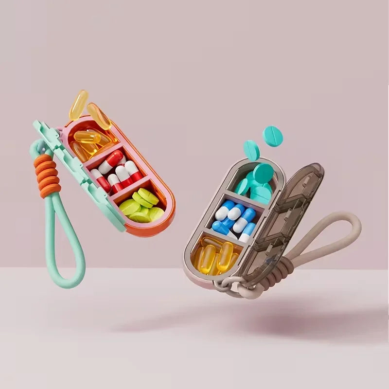 1PC Waterproof Moistureproof 3 Compartment Pill Case Dopamine Color Woven Lanyard Portable Silicone Sealed Vitamin Supplement Storage Box