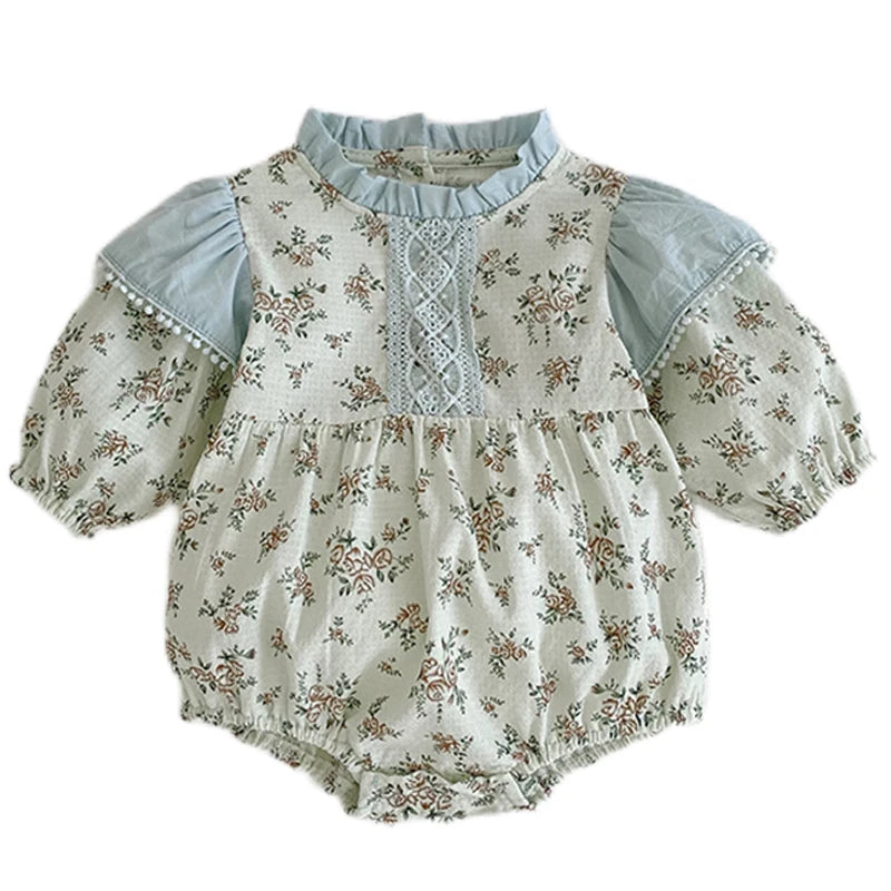 0-3Y Baby Autumn Clothes Retro Lace Infant Bow Ruffle Collar Long Sleeves Bodysuit Kids Girls Floral Print Casual Cotton Onesie